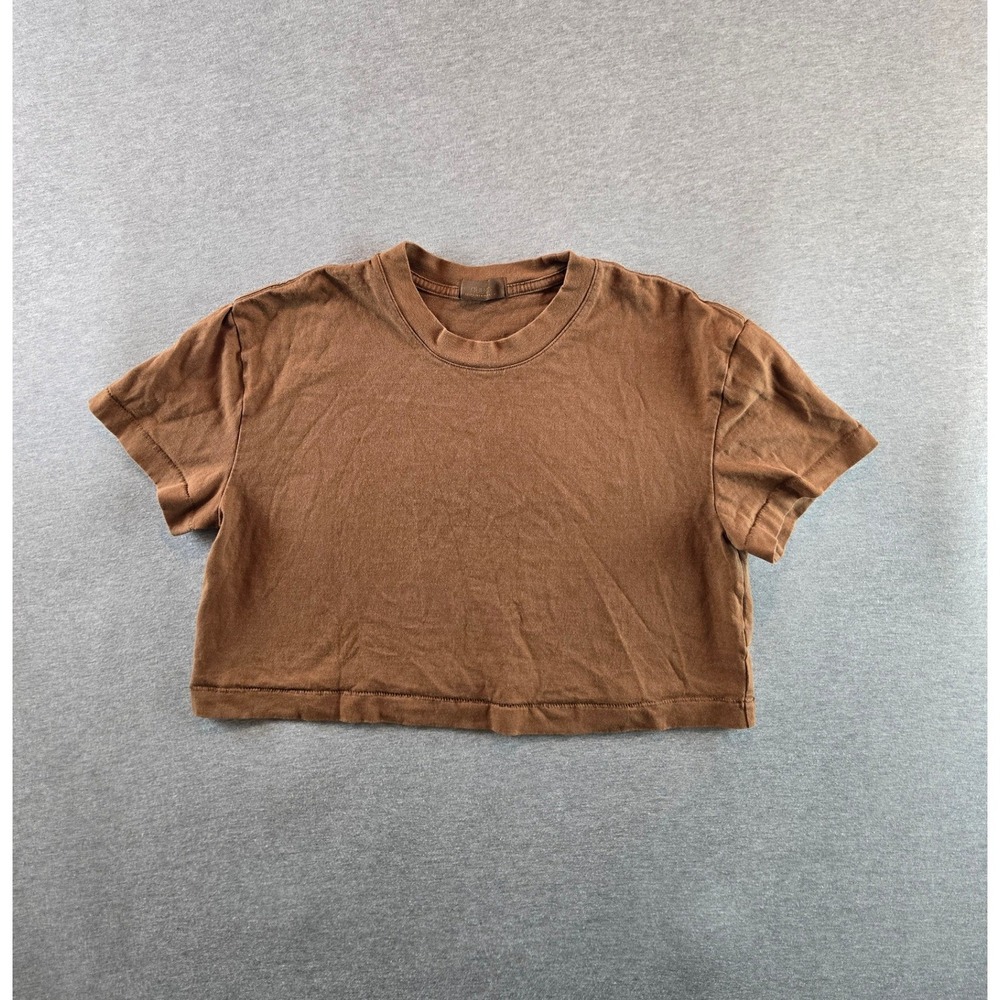 Nuuds Tee Womens Small Brown Cropped Short Sleeve 100% Cotton Crew Neck Minimal